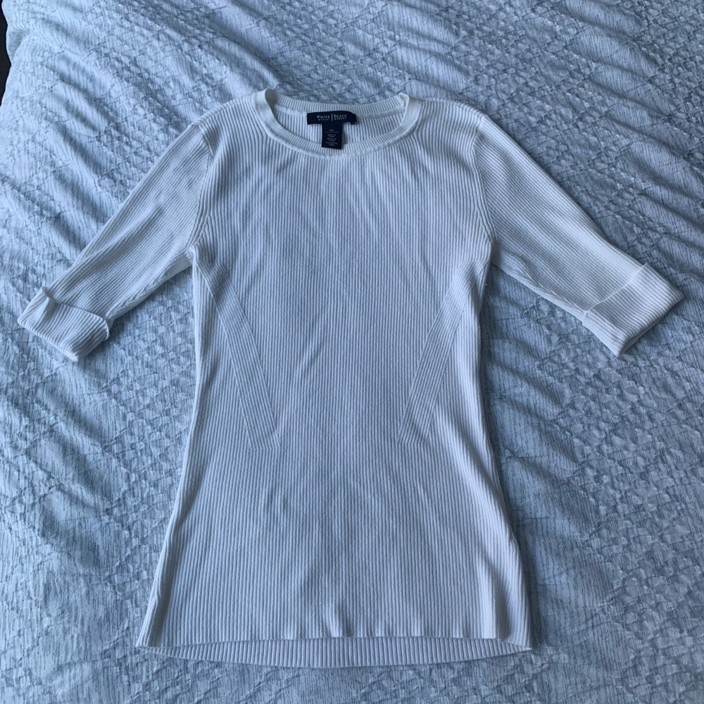 White House Black Market Ribbed White Sweater Cropped Sleeves